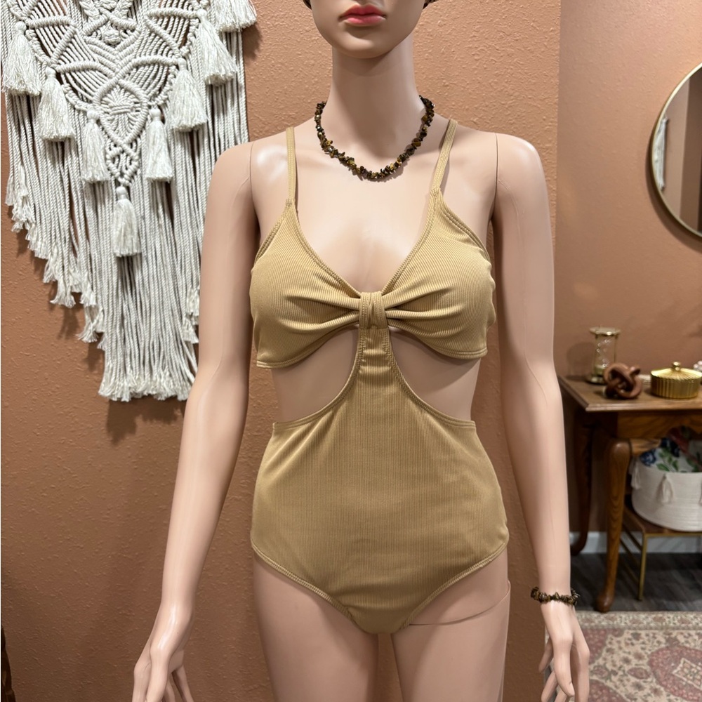 Light Brown One Piece Swimsuit With Cut Outs - Picture 2 of 16